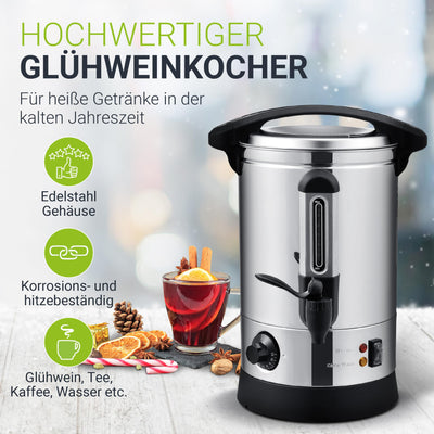 Juskys Glühweinkocher Teramo 7 Liter 1500W mit Zapfhahn, Thermostat & Überhitzungsschutz, 30-110°C, Edelstahl, elektrisch, Heißgetränkespender Glühweinkessel Heißwasserspender Glühweintopf