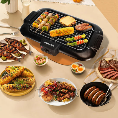 Aigostar Rauchfreier Tischgrill Barbecue Elektrogrill Elektrischer BBQ Grill 2000 Watt Antihaftbeschichtete Grillfläche 36 x 21cm, Abnehmbarer Fettauffangschale, Thermostat, Schwarz