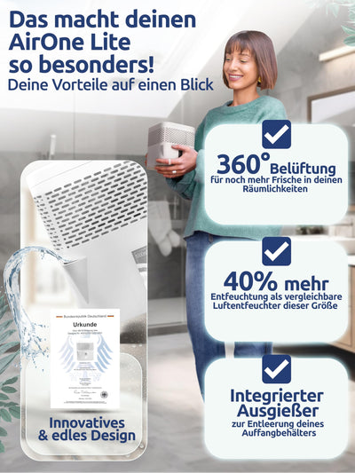 BonAura® AirOne Lite Luftentfeuchter ohne Strom mit 360° Belüftung I Raumentfeuchter mit Ausgießer & 450g Luftentfeuchter Granulat I Raum Entfeuchter für Bad & Küche bis 16m²