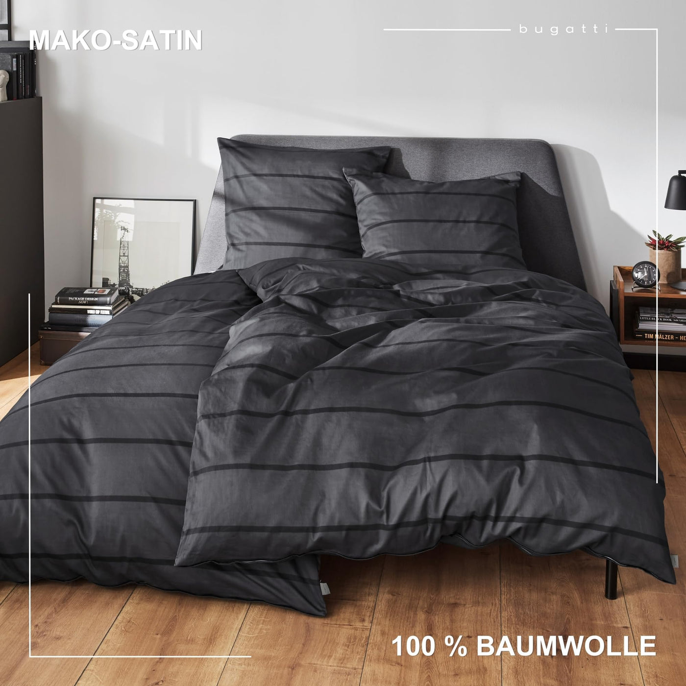 bugatti Bettwäsche 135x200 cm - Satinbettwäsche anthrazit/schwarz, 100% Baumwolle, 2 teilig mit Reißverschluss