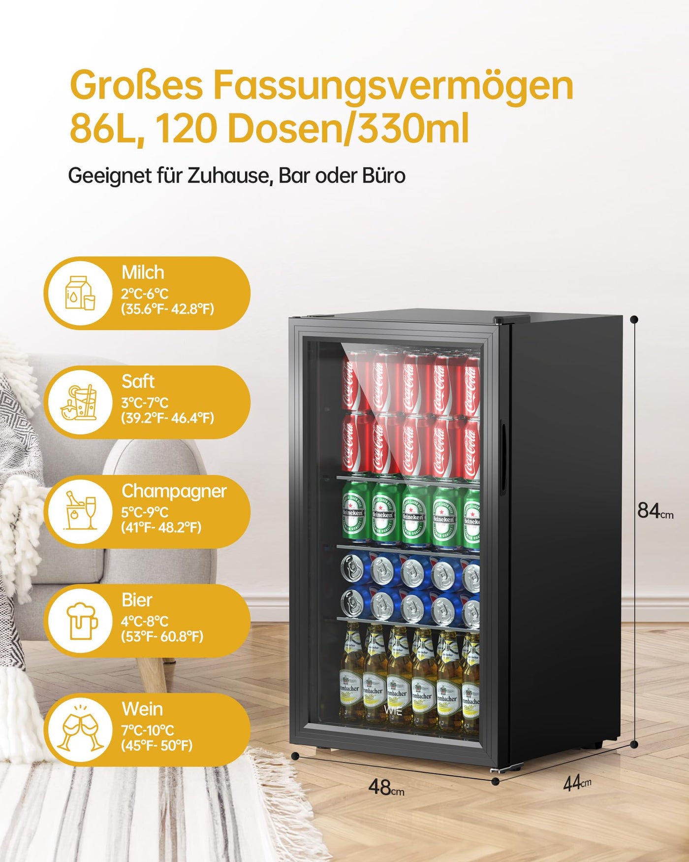 Réfrigérateur à boissons WIE Mini réfrigérateur avec double porte vitrée avec étagères réglables Petit réfrigérateur à bière intérieur et extérieur Porte réversible Silencieux 86 litres 120 canettes pour soda/bière pour la maison/cuisine/bar/bureau