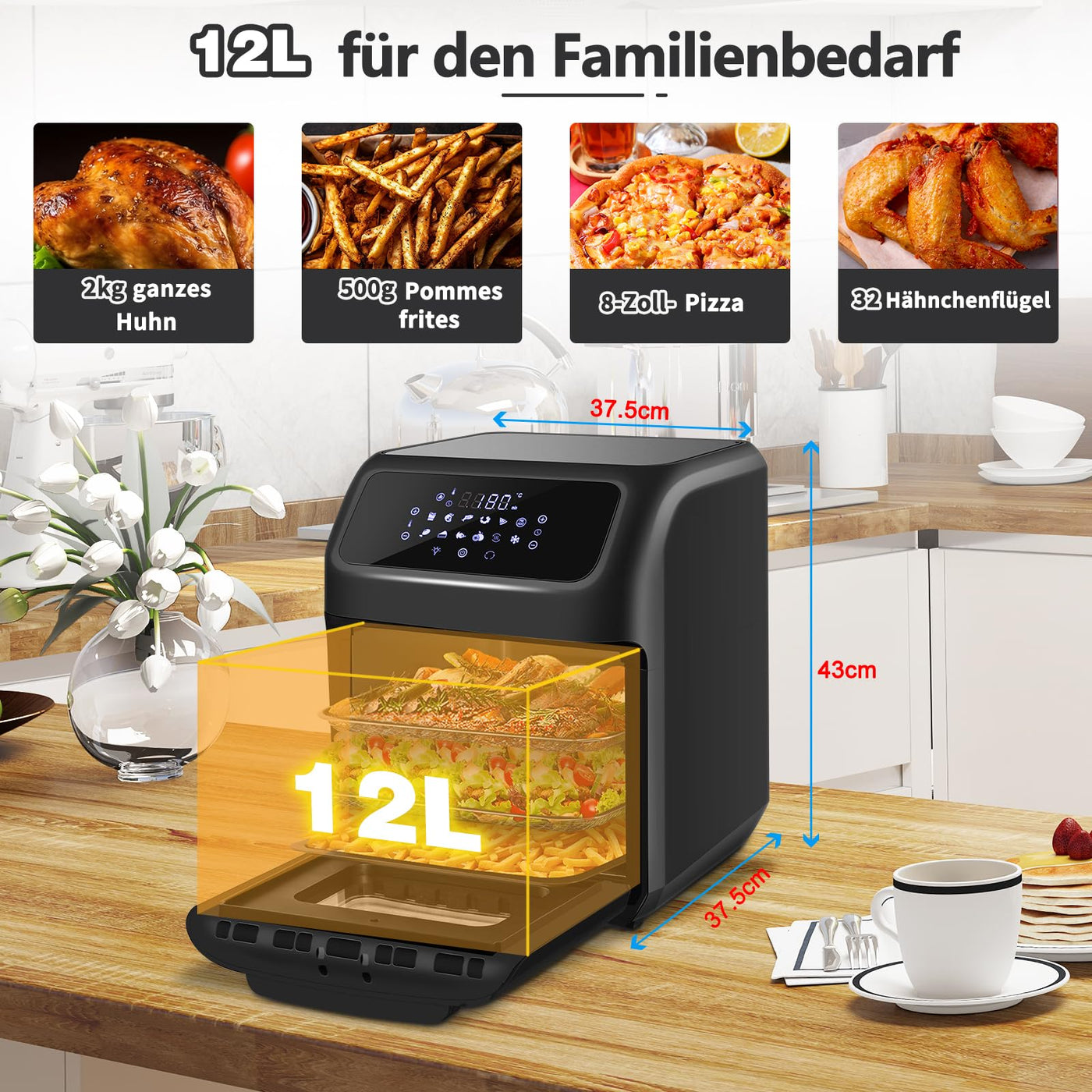 LLIVEKIT Heißluftfritteuse Heißluft-Backofen 12L, Mini-Backofen 1800W mit 6 Zubehör & Rezeptbuch, 12 in 1 Heissluftfritteuse mit digitalen LED-Display, Obst Dehydrator, Barbecue, Air Fryer ohne Öl