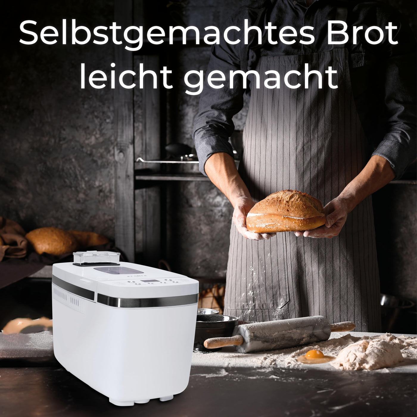 KLAMER Brotbackautomat, 14 Backprogramme, 3 einstellbare Bräunungsstufen, automatische Zubereitung von Brot, Kuchen, Pizzateig, Joghurt & Marmelade, Backform antihaftbeschichtet, Weiß