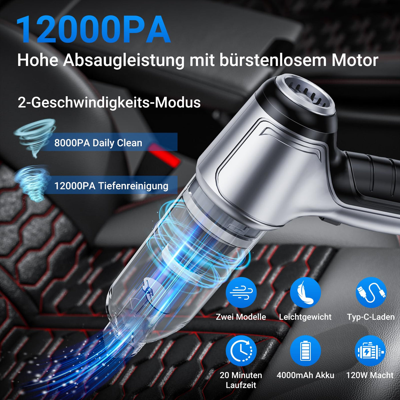 NVKHG Handstaubsauger Akku, 18000Pa Typ-C Aufladbar Tragbar Leicht Mini Staubsauger, 3 in 1 Autostaubsauger mit Bürstenloser Motor Mini Staubsauger für den Auto, Haus, Küche, Tierhaare