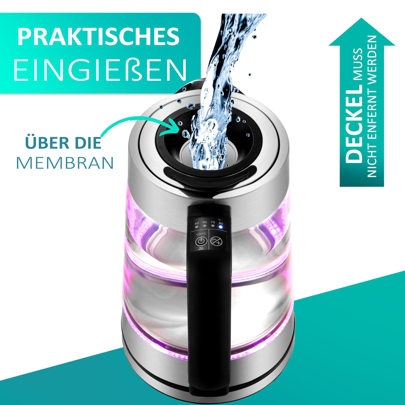 Glas Wasserkocher 1,7 Liter | 2200 Watt | Edelstahl mit Temperaturwahl | Teekocher | 100% BPA FREI | Warmhaltefunktion | LED Beleuchtung im Farbwechsel | Temperatureinstellung (50°C-100°C)