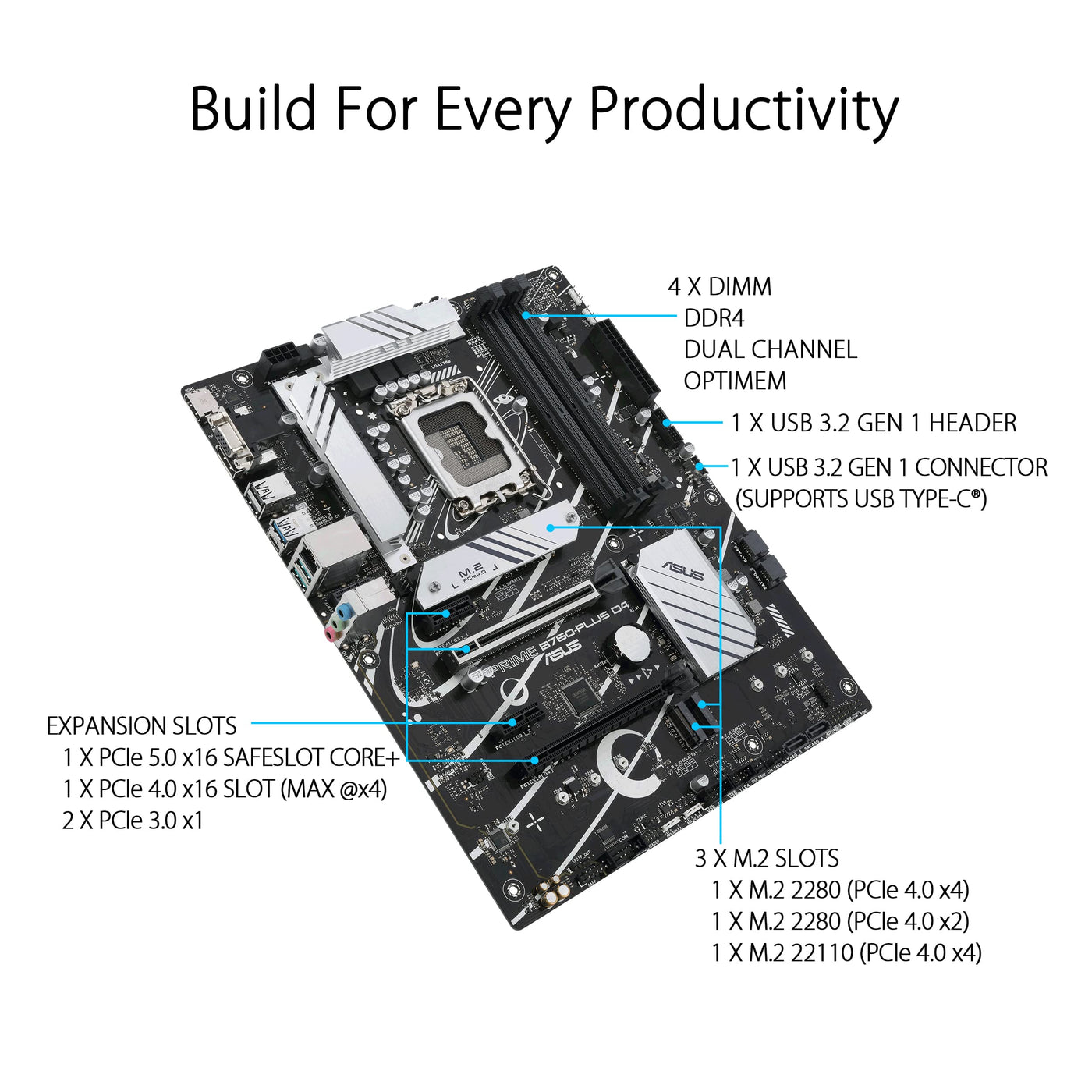 ASUS PRIME B760-PLUS D4 Gaming Mainboard Sockel Intel LGA 1700 (Intel B760, ATX, DDR4 Speicher, PCIe 5.0, 3x PCIe 4.0 M.2, Thunderbolt 4, Aura Sync)