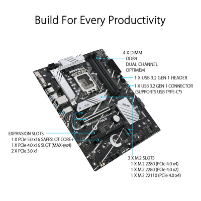 ASUS PRIME B760-PLUS D4 Gaming Mainboard Sockel Intel LGA 1700 (Intel B760, ATX, DDR4 Speicher, PCIe 5.0, 3x PCIe 4.0 M.2, Thunderbolt 4, Aura Sync)