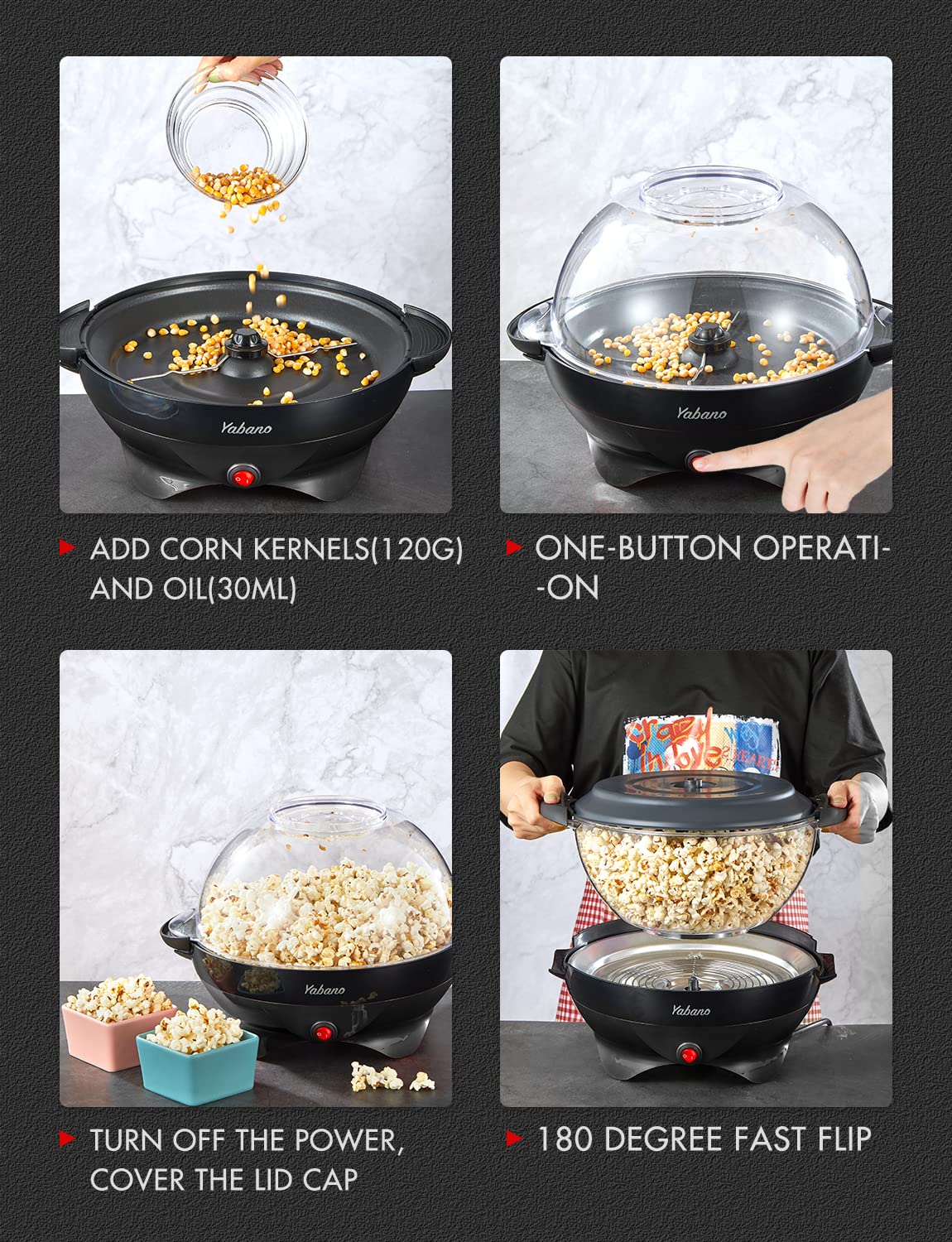 Yabano Popcornmaschine für Zuhause, Maker Machine mit Zucker & Öl, Abnehmbare Heizfläche, 5L Popcorn Popper, Antihaftbeschichtung, Großer Deckel als Servierschale, Platzsparende Lagerung