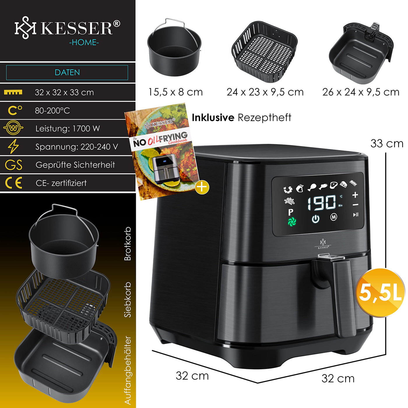 KESSER® XXL 5,5 Liter Heißluftfritteuse Edelstahl | inkl.Brotbackkorb | 1700W Friteuse Fritteuse Airfryer | Touch Display | 8 Programmen | ohne ÖL | Backofen | Heißluft | Grill | Fettfrei Schwarz