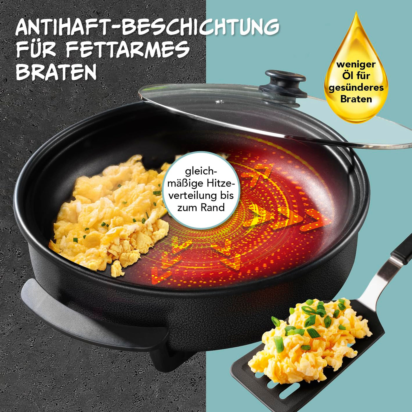 GOURMETmaxx Elektrische Multifunktionspfanne ⌀ 40cm | Mit Thermostat, Glasdeckel & Antihaftbeschichtung | XXL Volumen - optimal als Paellapfanne, Schmorpfanne & Wokpfanne | 1500W [Edelstahl]