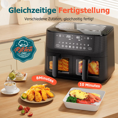 Dual Zone Heißluftfritteuse mit Sichtfenster, 9L XL Kapazität Doppel-Airfryer, 2 Schubladen, 9-in-1 Kochvorgaben, Touchscreen, Smart und Timer-Funktion, Gesunde Friteuse ohne Öl und fettarmes Kochen