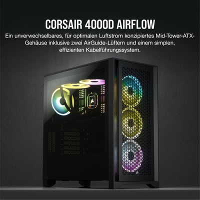 CORSAIR 4000D AIRFLOW Gehärtetes Glas Mid–Tower ATX–Gehäuse – Hohe Luftzirkulation – miditower management–System – Geräumiges Interieur – Zwei Mitgelieferte 120–mm–Lüfter – Schwarz