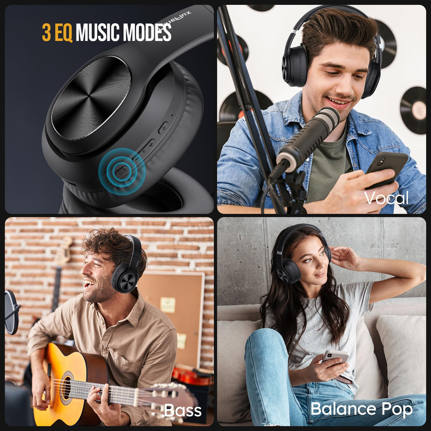 TuneFlux Bluetooth Kopfhörer Over Ear, 80 Std Akkulaufzeit, Kabellos Bluetooth Kopfhörer mit 3 EQ-Modi, HiFi-Stereo, Eingebautes Mikrofon, Faltbares Wireless Kopfhörer-Schwarz