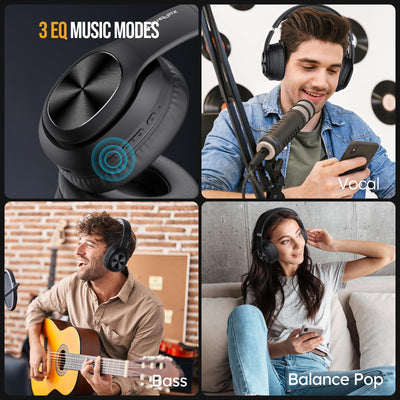 TuneFlux Bluetooth Kopfhörer Over Ear, 80 Std Akkulaufzeit, Kabellos Bluetooth Kopfhörer mit 3 EQ-Modi, HiFi-Stereo, Eingebautes Mikrofon, Faltbares Wireless Kopfhörer-Schwarz