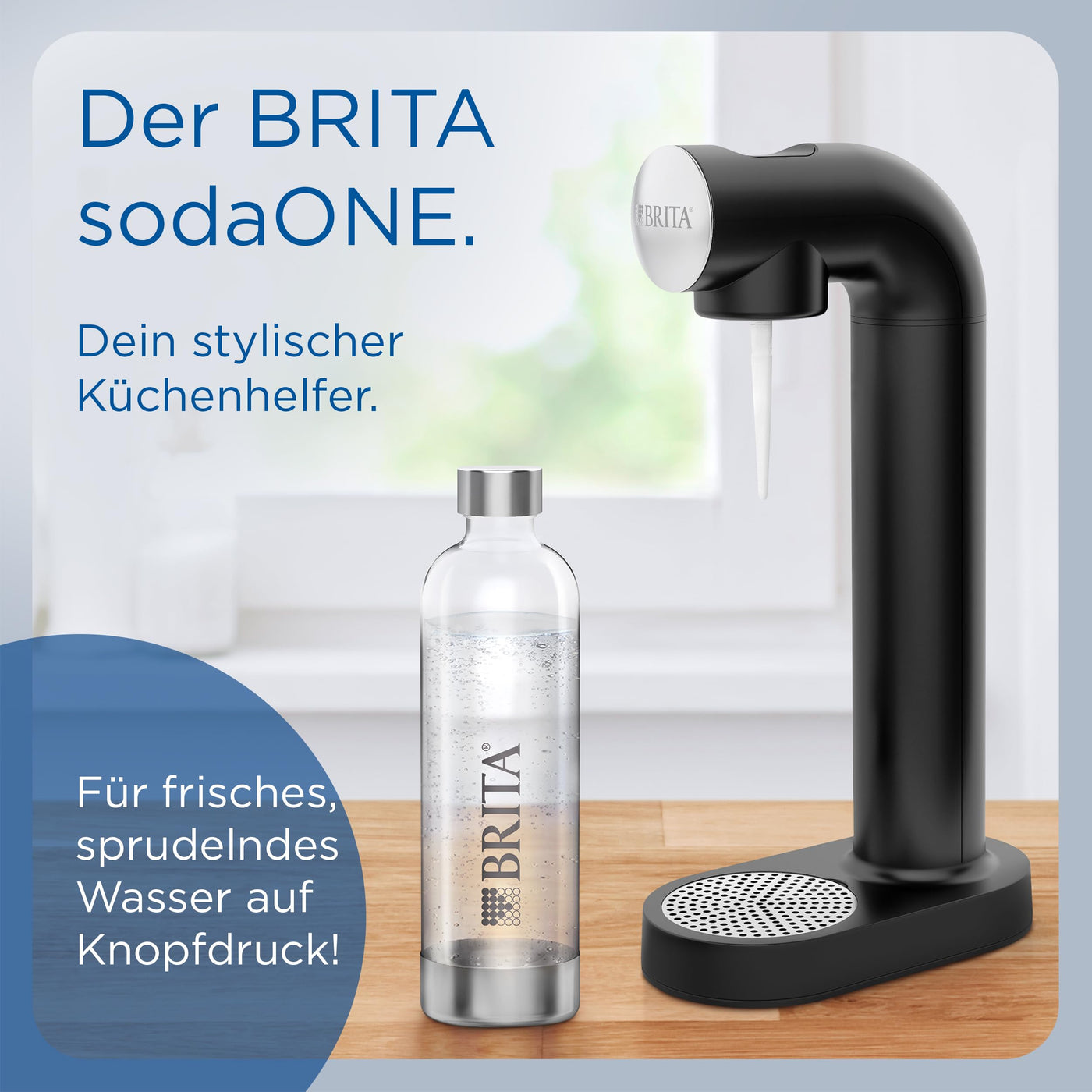 BRITA Wassersprudler sodaONE (schwarz) inkl. CO₂-Zylinder und BPA-freier PET-Flasche | Macht aus Trinkwasser spritziges Sprudelwasser (bis zu 60l pro Zylinder) – Trinkwassersprudler für zuhause