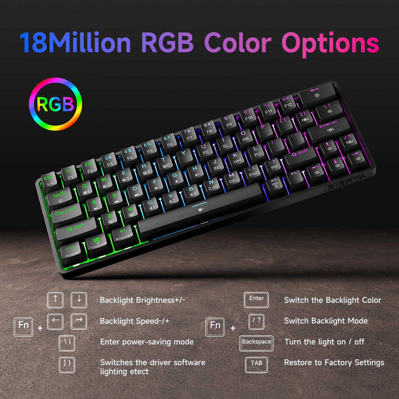 Dierya DK63 Gaming Tastatur,60% Kabellos Mechanische Tastatur mit Bluetooth/2.4G/Typ-C,Compact 63 Tasten Anti-Ghosting,RGB-Hintergrundbeleuchtung,US Layout,Linear Red Switch,Schwarz