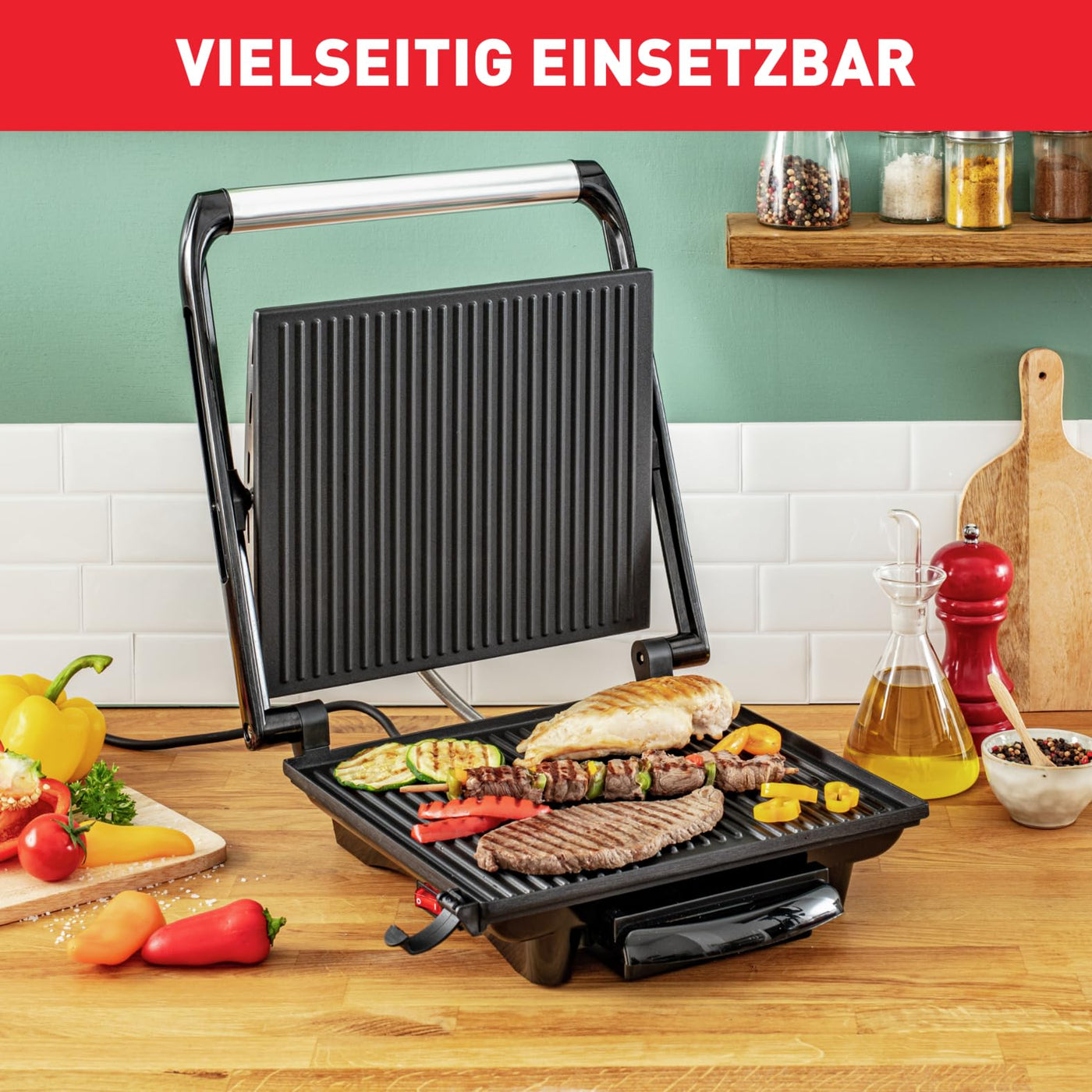 Tefal Kontaktgrill Inicio GC241D | Elektrogrill/Sandwichtoaster | Fettarmes Grillen | Panini,Toasts,Steak,Gemüse | Antihaftbeschichtete Grillplatten | 2000W | 36.3x10.8x33.2cm | Edelstahl/Schwarz