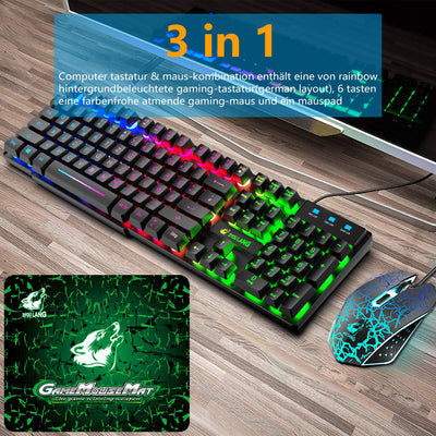 Gaming Tastatur Und Maus Set, QWERTZ German Layout Regenbogen LED Hintergrundbeleuchtung Ergonomische Keyboard 6 Tasten 2400 DPI Maus und Mauspad, USB Verkabelt, Kompatibel mit PS4 Xbox, Schwarz