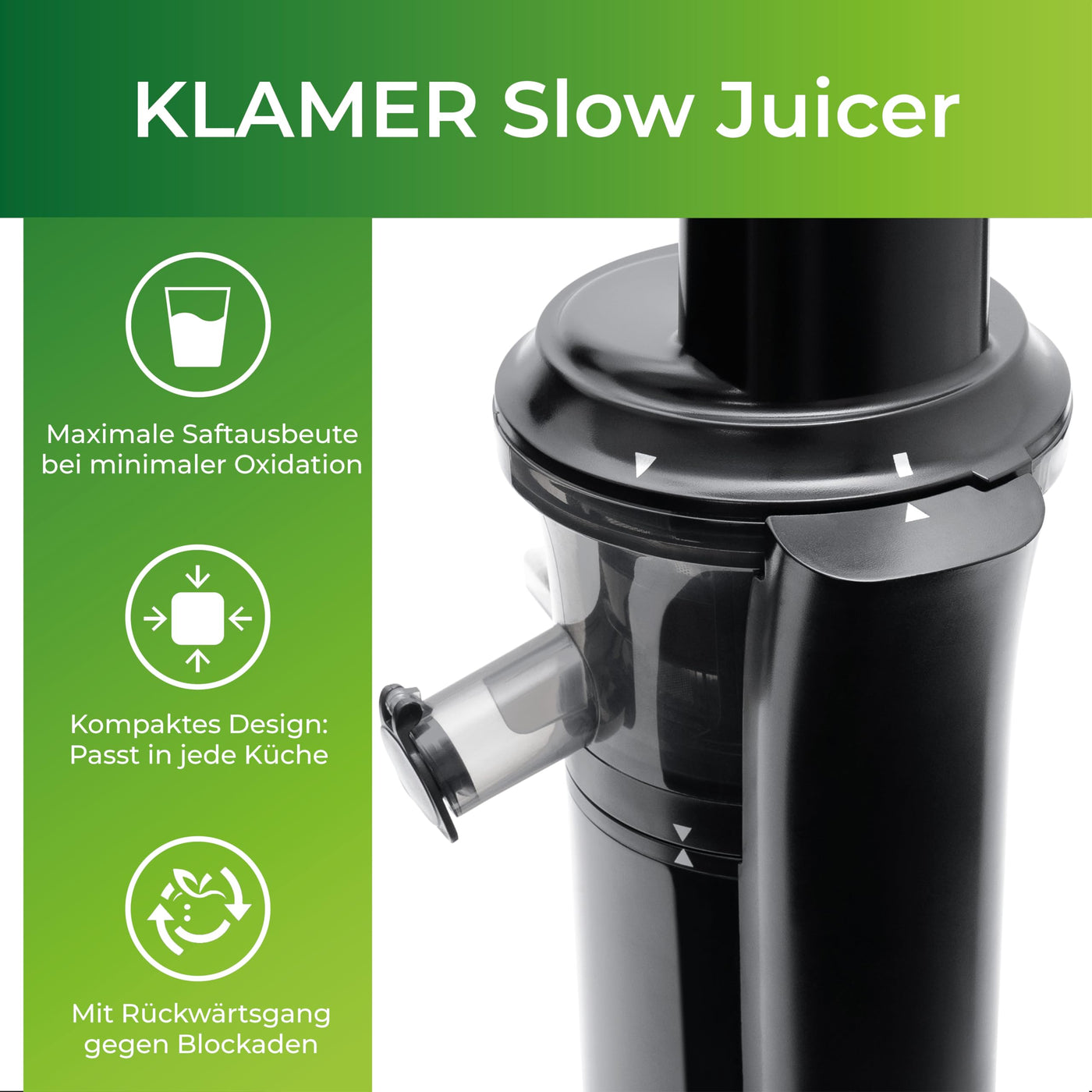 KLAMER Slow Juicer Gemüse und Obst, Entsafter mit Rückwärtsgang, elektrische Fruchtpresse mit Bürste und 2 Behältern, schlankes Design, schwarz