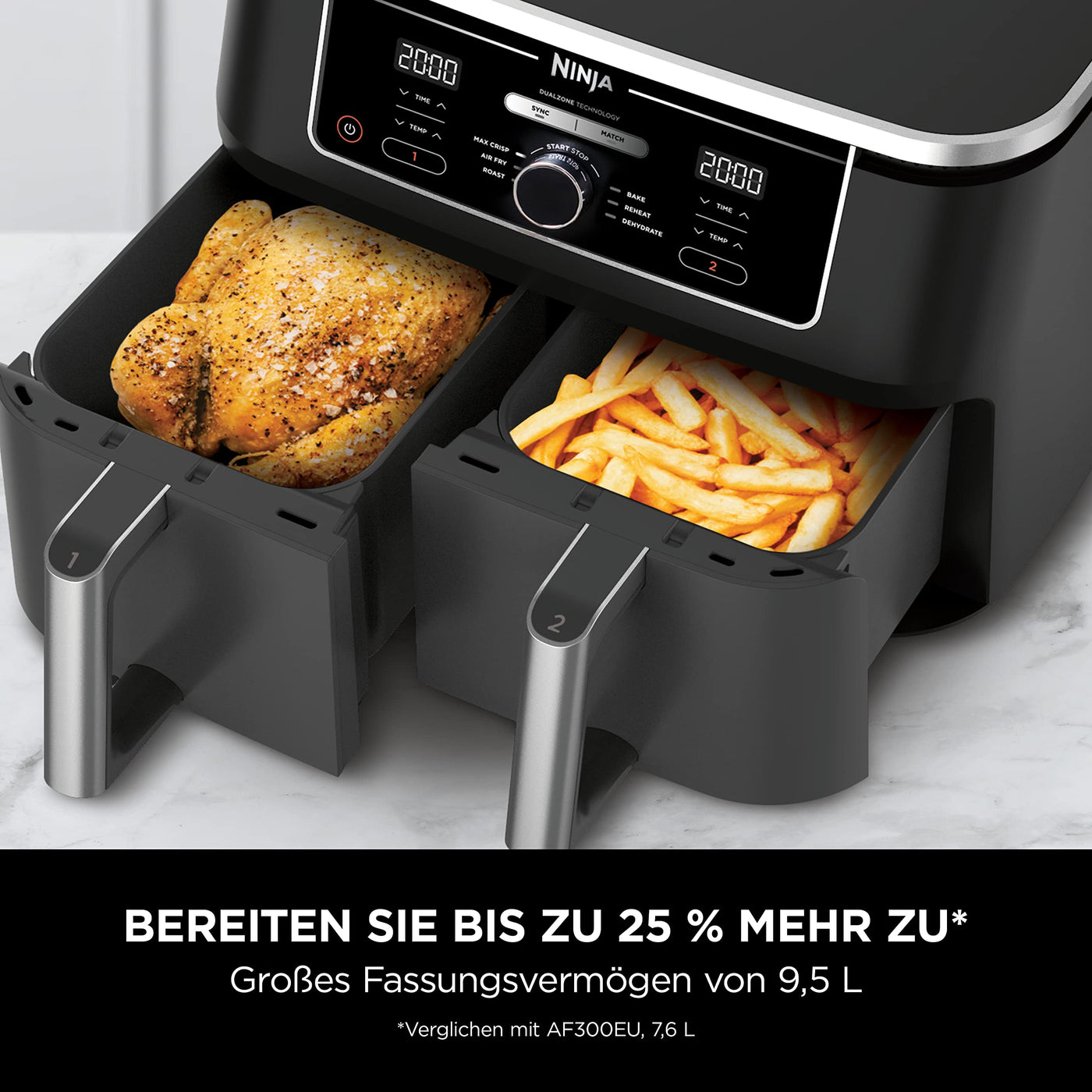 Ninja Foodi MAX Dual Zone Digitale Heißluftfritteuse, 9,5L Airfryer, 2 Fächer, Antihaftbeschichtung, spülmaschinenfeste Körbe, 6-in-1, 8 Portionen, Schwarz AF400EU