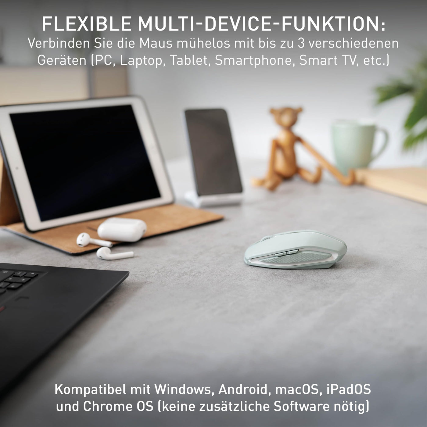 CHERRY GENTIX BT, Kabellose Bluetooth-Maus, Multi-Device-Funktion für bis zu 3 Geräte, Umschaltbare Auflösung (1000/2000 dpi), Batteriebetrieben, Agave Green