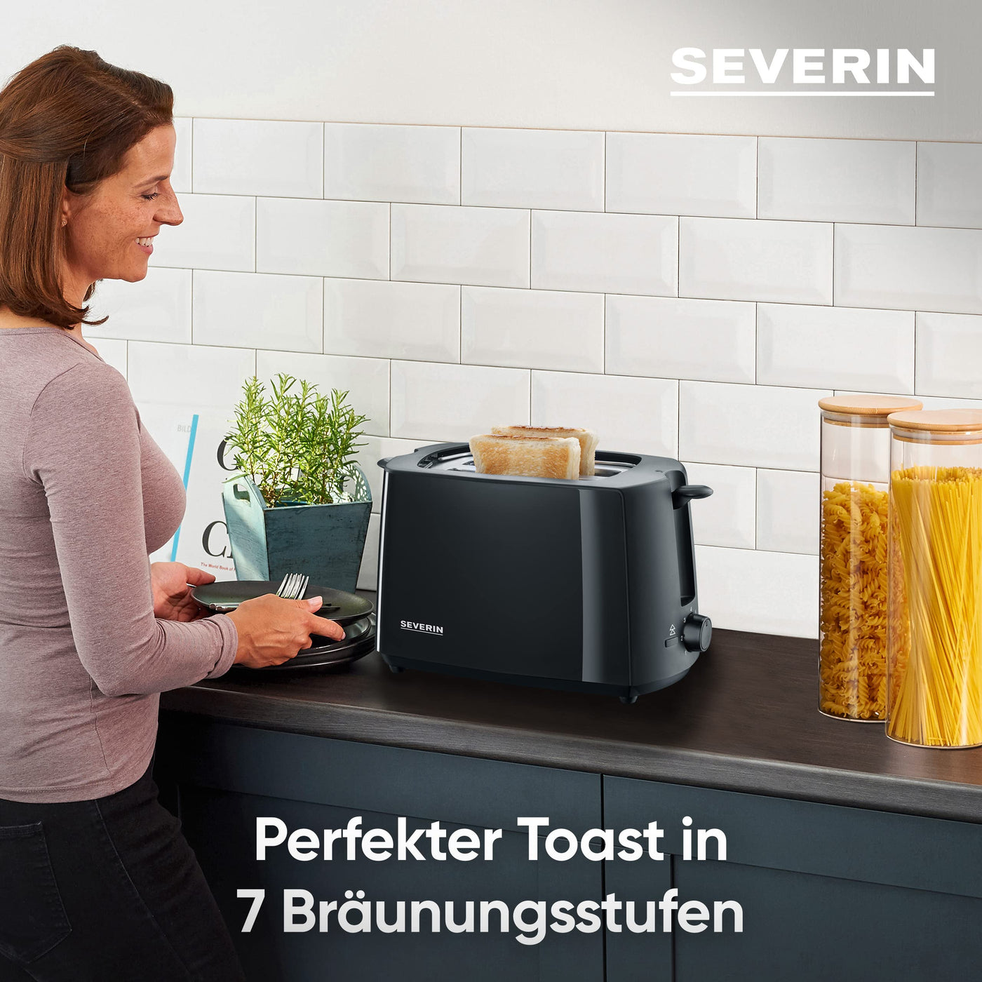 SEVERIN Automatik-Toaster, Toaster mit Brötchenaufsatz, hochwertiger Toaster mit Krümelschublade und 700 W Leistung, schwarz, AT 2287