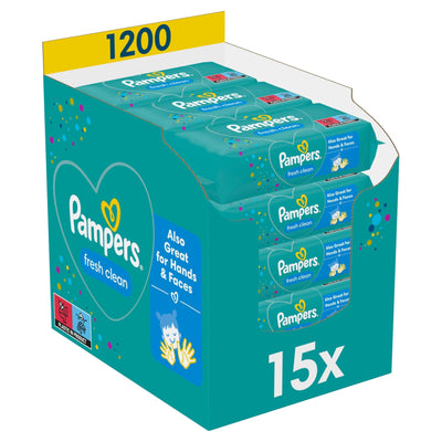 Pampers Fresh Clean Feuchttücher 15 Packungen mit 80 Stück - 1200 Feuchttücher, milder Duft, auch für Hände und Gesicht geeignet