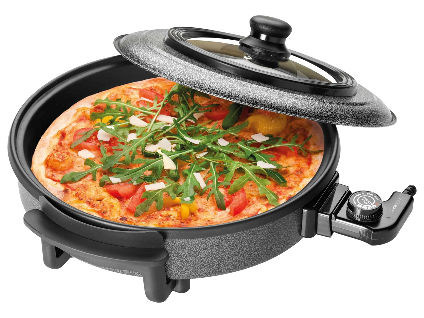 Clatronic® Pizza-/Partypfanne | Multifunktionspfanne zum Kochen, Braten, Dünsten und Warmhalten | Antihaftbeschichteter Bräter | elektrische Bratpfanne Inkl. Glasdeckel | PP 3402