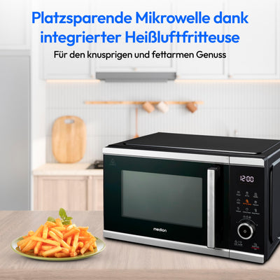 MEDION Mikrowelle mit Heißluftfritteusenfunktion (25 Liter, 1.500 Watt Heißluft, 900 Watt Mikrowelle, 9 Automatikprogramme, Popcorn-Taste, Auftaufunktion, LED Display, MD11499)