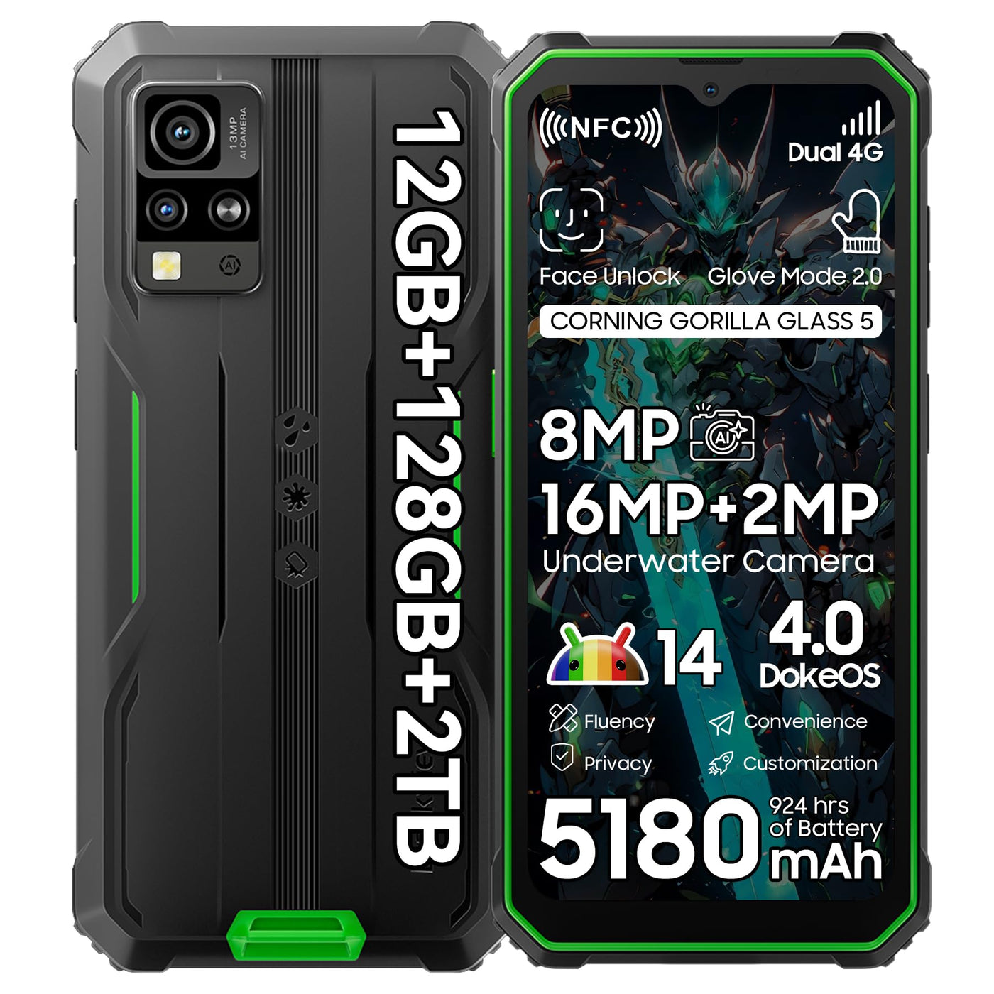 Blackview BV4800 Pro Robustes Outdoor-Smartphone mit 12GB RAM, 5180mAh Akku, 16MP Unterwasserkamera, Gesichtserkennung, 4G, NFC, Gorilla-Glas 5, DokeSOS 4.0