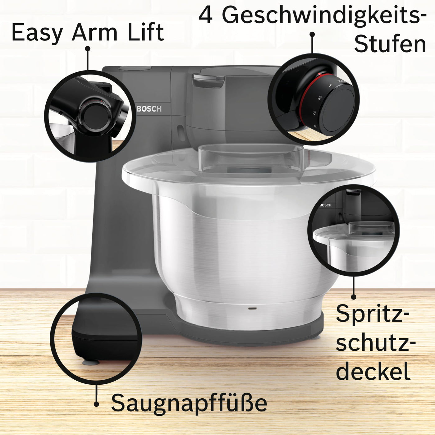 Bosch Küchenmaschine MUM Serie 2 MUMS2EB01, Edelstahl-Schüssel 3,8 L, Planetenrührwerk, Knethaken, Schlag-, Rührbesen Edelstahl, Durchlaufschnitzler, 3 Scheiben, 700 W, schwarz