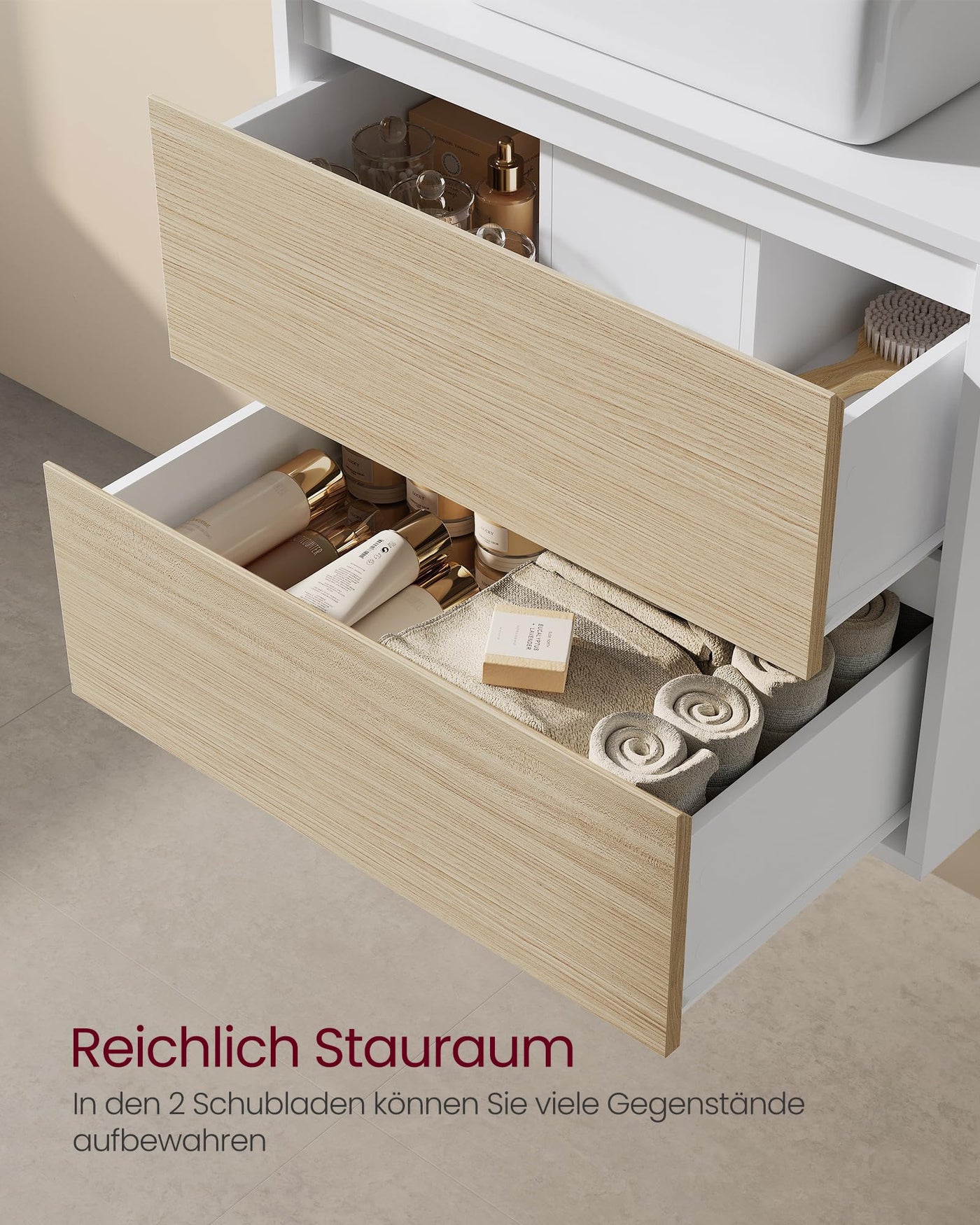 VASAGLE Waschbeckenunterschrank hängend, Waschtischunterschrank 2 Schubladen, Badezimmerschrank, Wandschrank, Hängeschrank, 40 x 60 x 50 cm, wolkenweiß-naturbeige BBK501K01