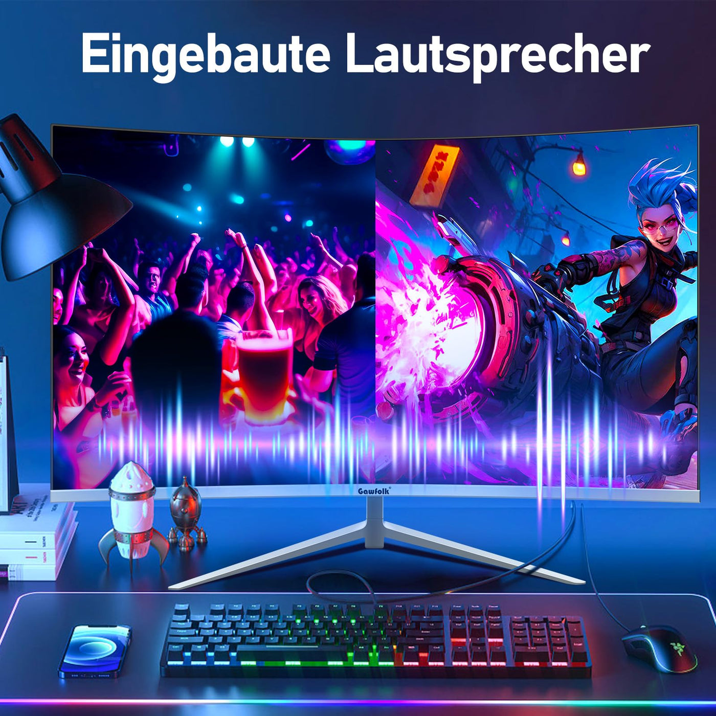 Gawfolk Curved Monitor 27 Zoll 100Hz mit Lautsprecher, 1800R Gebogen PC Bildschirm FHD 1080P, Weiß Computerbildschirm mit Eye Care Technologie HDMI VGA, unterstützt VESA