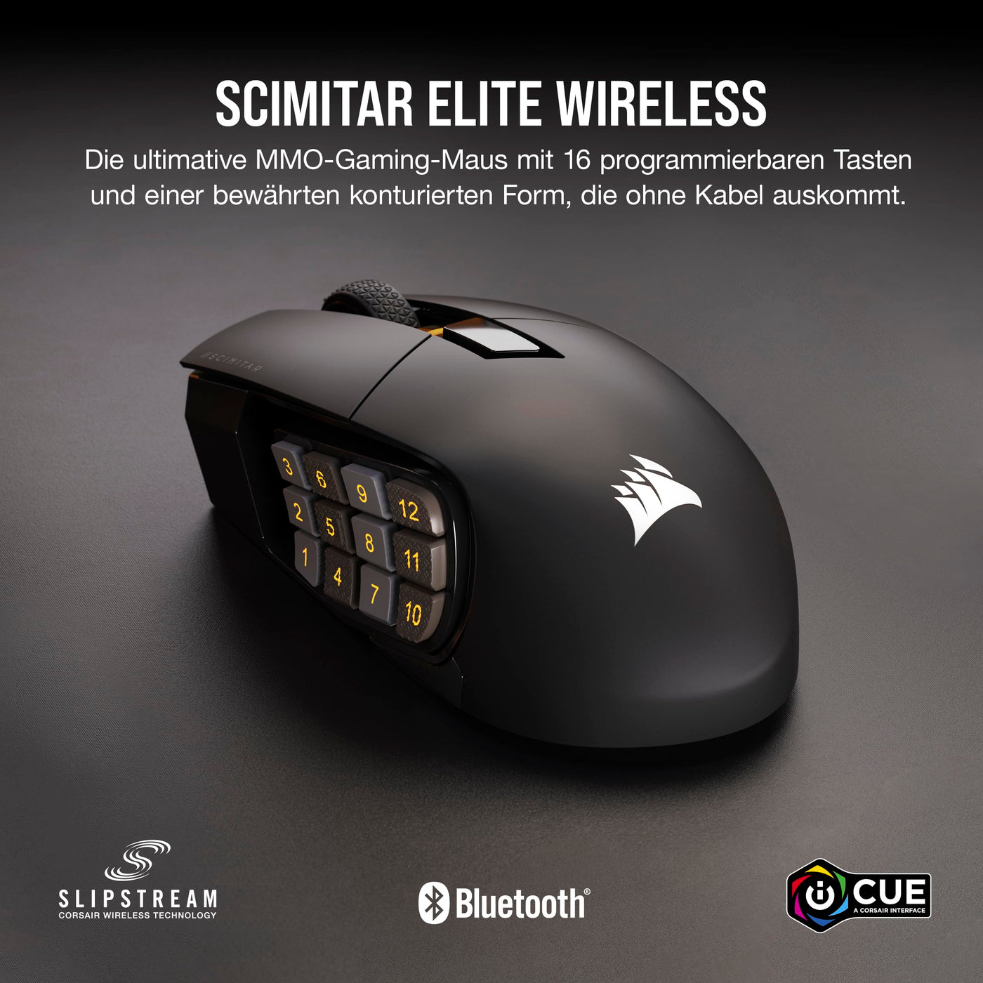 CORSAIR SCIMITAR ELITE WIRELESS MMO Gaming Mouse - 26.000 DPI - 16 Programmierbare Tasten - Bis zu 150 Stunden Akkulaufzeit - iCUE-Kompatibel - PC, PS5, PS4, Xbox - Schwarz