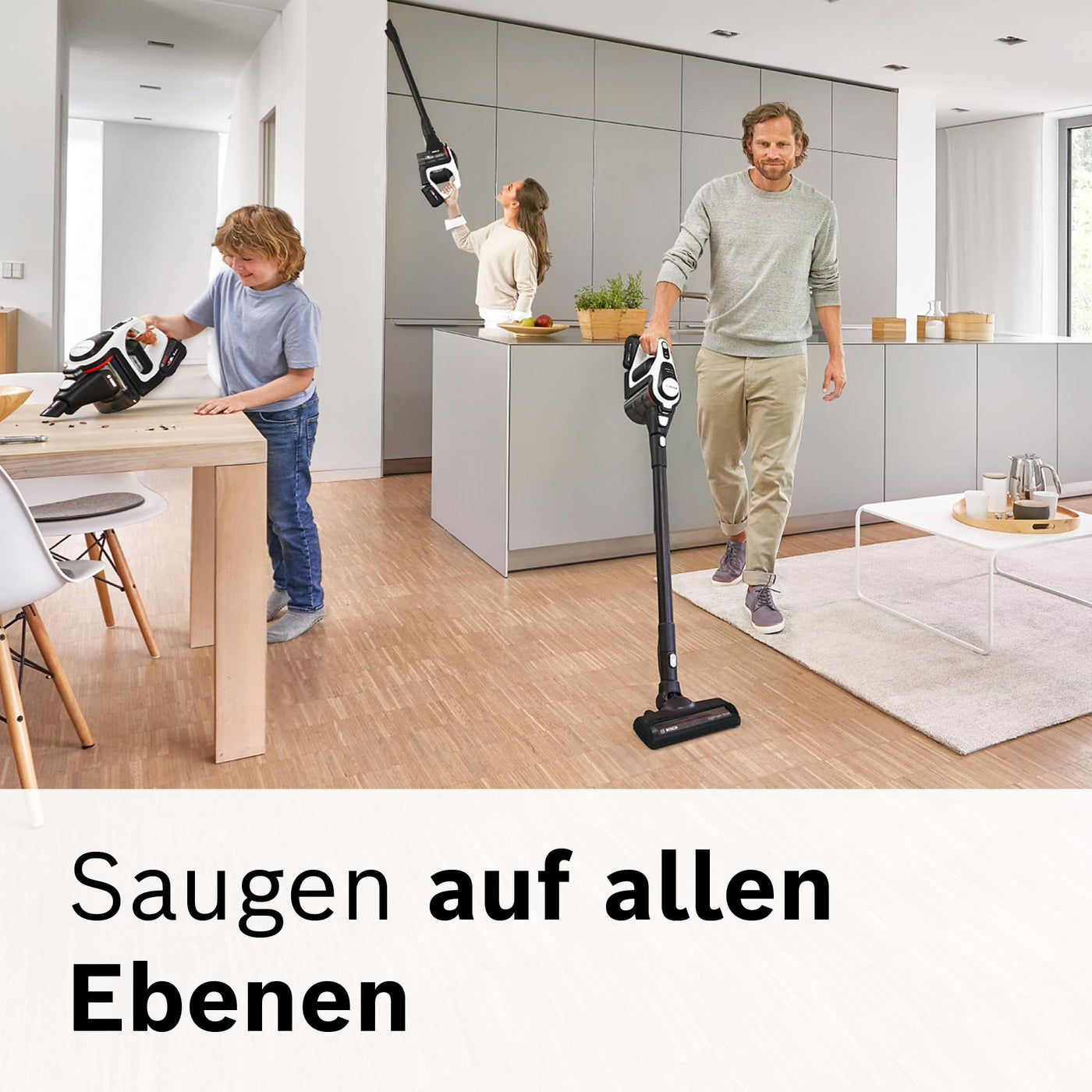 Bosch Akku-Staubsauger Unlimited Gen2 Serie 8 BSS825ALL, beutellos, bis 45 Min Laufzeit, austauschbarer Akku, Schnellladegerät, Hartboden-Softdüse mit LED, XXL-Polsterdüse, Fugendüse, weiß