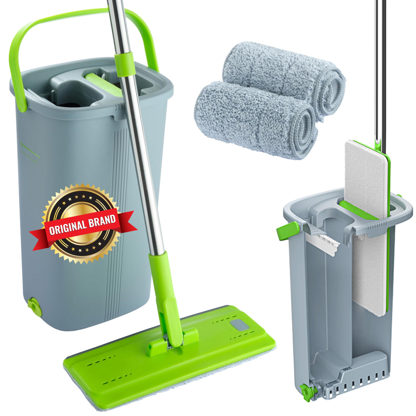 EasyGleam Mop und Eimer Set - Flachbodenmopp mit Teleskopstange, Innovativer Mop Zweikammer Eimer für Nass- und Trockenanwendung, 2 Mikrofaserpads, Perfekt für Alle Bodenarten, Reinigung und Pflege