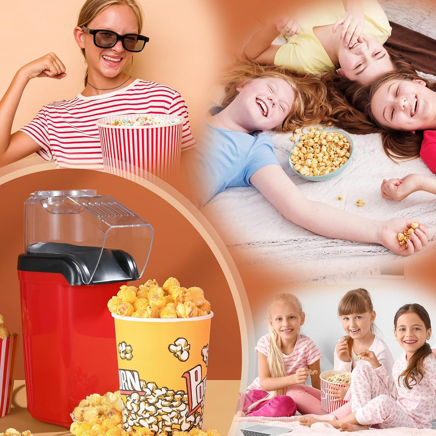 YASHE Popcornmaschine, 1200 W Heißluft Popcorn Maker, Elektrische Popcorn Maschinen, One-Touch-Bedienung, 2 Minuten, Gesund ohne Fett & Öl, Rot