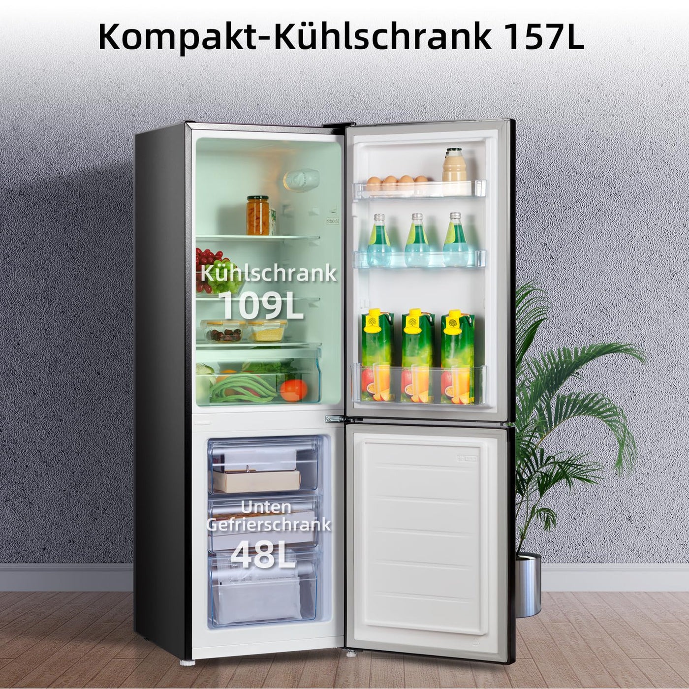 CHIQ Kühlschrank mit Gefrierfach 157L, Kühl-Gefrierkombination leise, Low-frost, 144 cm Hoch, 47 cm Breit, Kühlkapazität: 109L | Gefrierkapazität: 48L, for Eigentumswohnungen FBM157L42