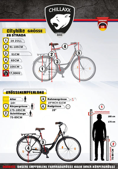 Chillaxx Bike Strada Premium City Bike in 26 und 28 Zoll - Fahrrad für Mädchen, Jungen, Herren und Damen - 21 Gang-Schaltung - Hollandfahrrad Citybike (28 Zoll, Schwarz V-Bremse)