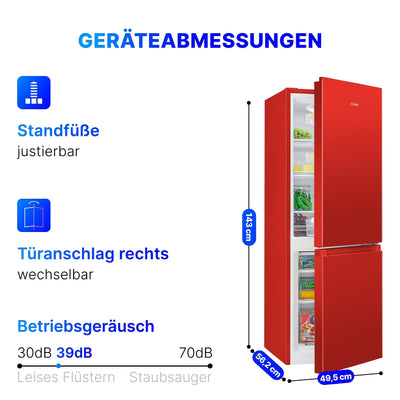 Bomann® Kühlschrank mit Gefrierfach 143cm hoch | Kühl Gefrierkombination 175L mit 3 Ablagen & 3 Schubladen | Türanschlag wechselbar | leise Kühlgefrierkombi 39db | Kühlschrank KG 320.2 rot