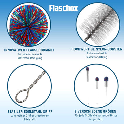 FLASCHOX Premium Flaschenbürste 3er Set I Verbessertes Konzept 2023 I Reinigungsbürste kratzerfrei reinigender Wollkopf I Flaschenreiniger Glasflasche I 3X Glasbürste versch. Größe