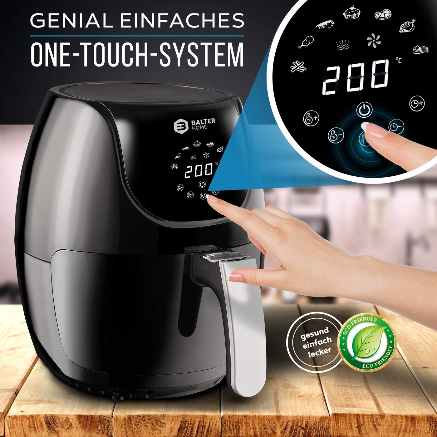 Balter Heißluftfritteuse XL-Touch, Fritteuse, LCD Display, 7 Programme, Rezeptheft, 3.6L - XL Garraum, 1500W, schwarz