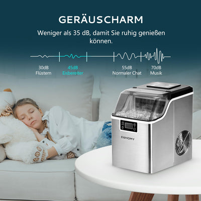 EUHOMY Eiswürfelmaschine Edelstahl, 24 Eiswürfel in 13 Minuten, 24kg/24H Eiswürfelmaschine gastro, selbstreinigender 3,2L Eisbereiter mit Eisschaufel und Korb für Zuhause/Küche/Büro/Bar/RV