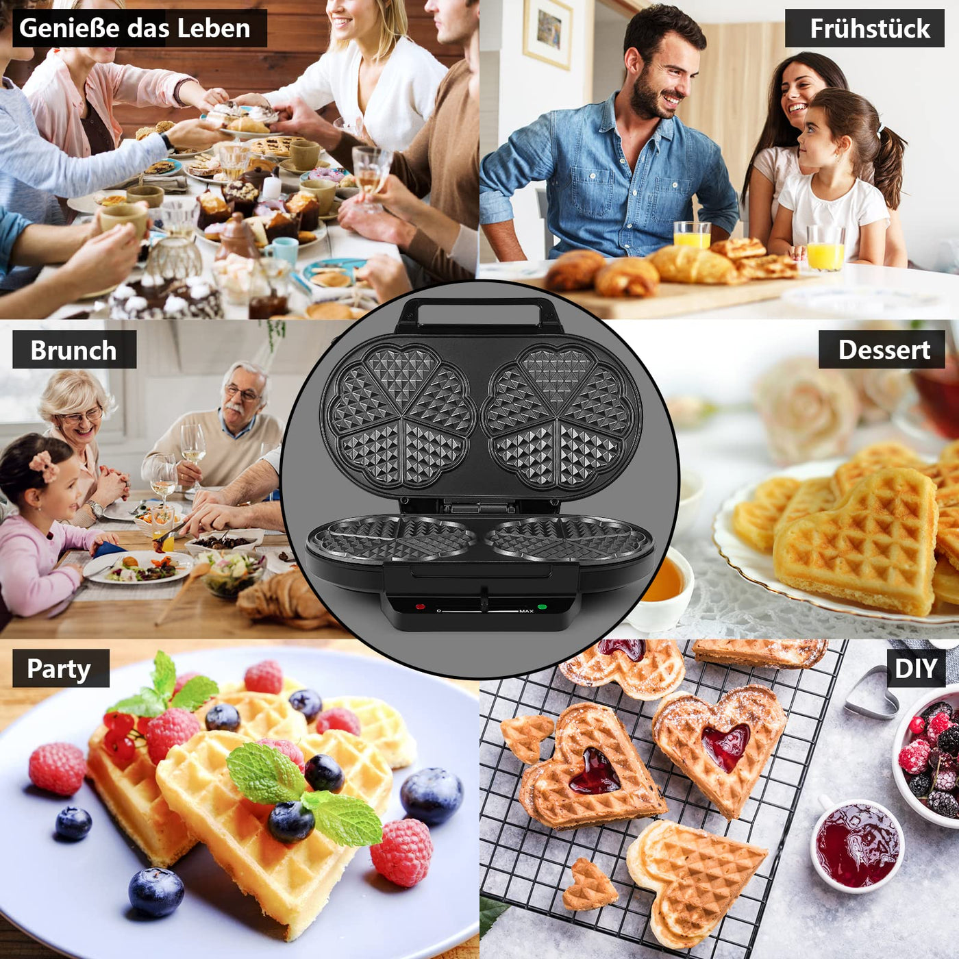 YASHE SW-2122M Waffeleisen Herzform Doppelt, 10 Klassische Herzförmige Waffeln mit Antihaftbeschichtung, 5 Einstellbare Temperaturstufen, Kontrollleuchten, Überlaufschutz, 1200W, Silber/Schwarz