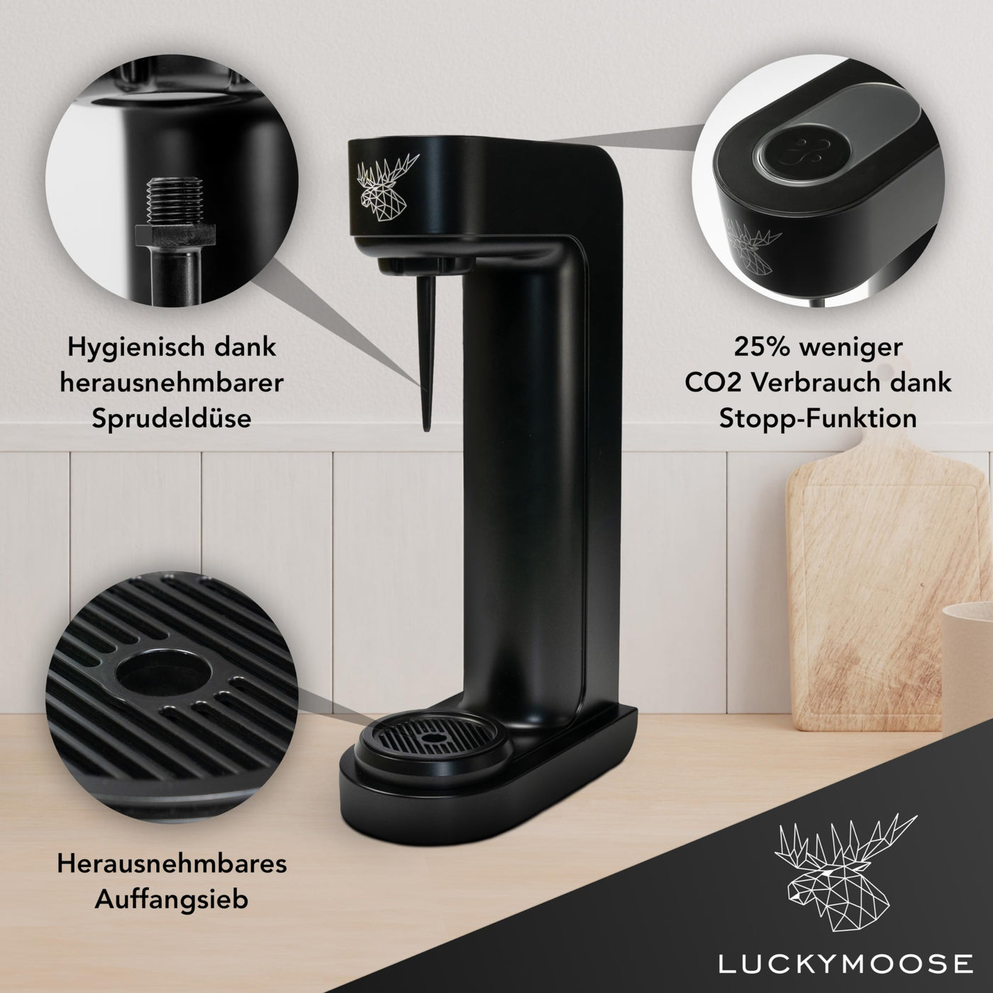 Luckymoose® Infinity Wassersprudler mit 2x 1,25L Edelstahlflaschen - Spart bis zu 25% CO2 dank Stopp-Automatik - Flaschen spülmaschinenfest & ohne Ablaufdatum (2x Schwarz)