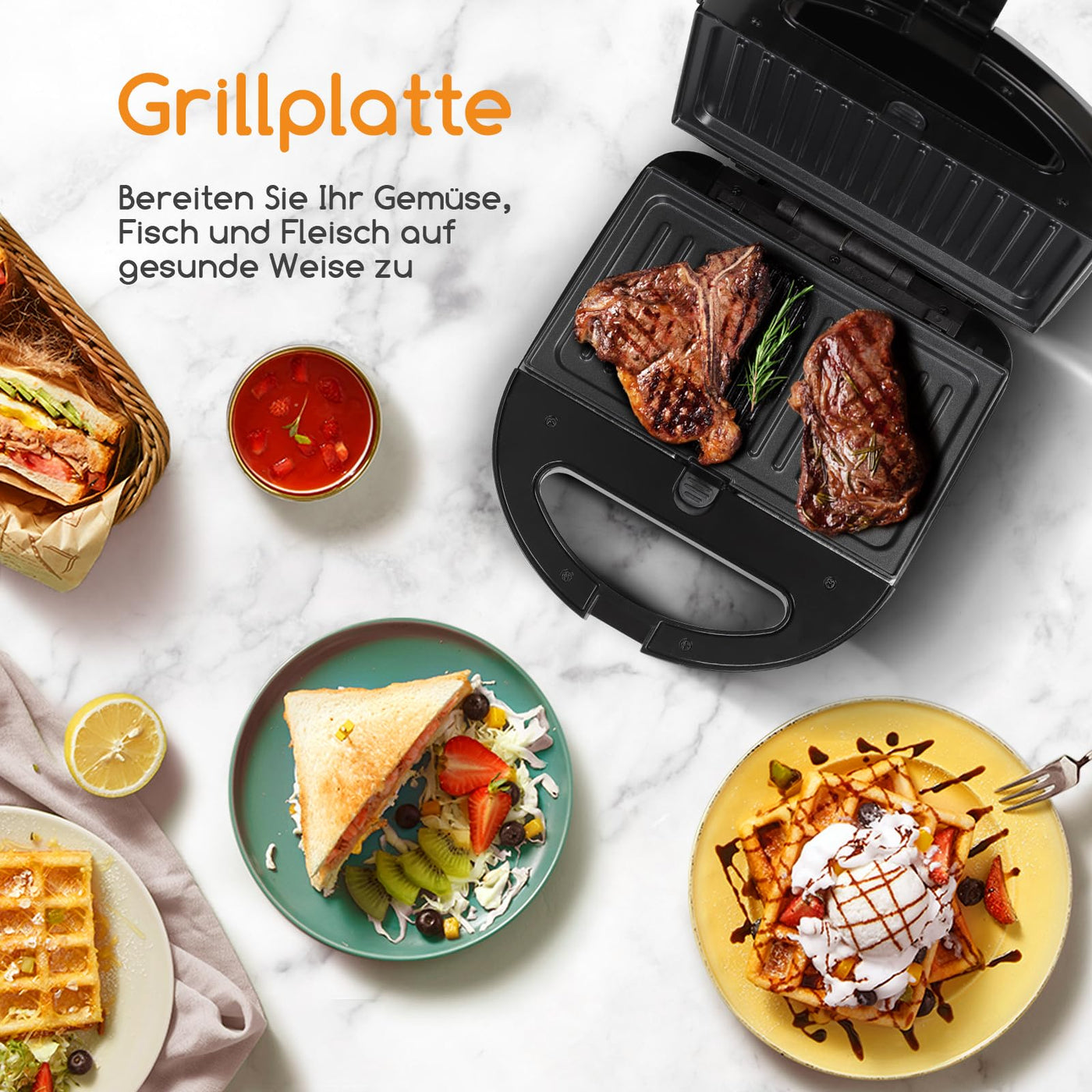 Sandwichmaker 3 in 1, Sandwichtoaster, Kontaktgrill, Waffeleisen 3 in 1, 3 Abnehmbare, Spülmaschinengeeignete und Antihaftbeschichtete Grillplatten, Dreieckig Sandwich Maker 30JVU, 750 W