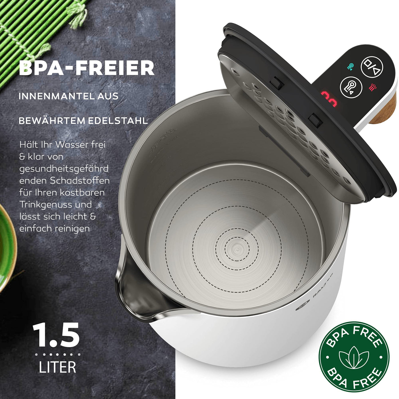 BALTER Edelstahl Wasserkocher mit Temperatureinstellung, 45°C-100°C, Doppelwand, BPA frei, leise & kabellos, Warmhaltefunktion, Teekocher mit Temperaturanzeige, 1.5L, 2200W, Weiß