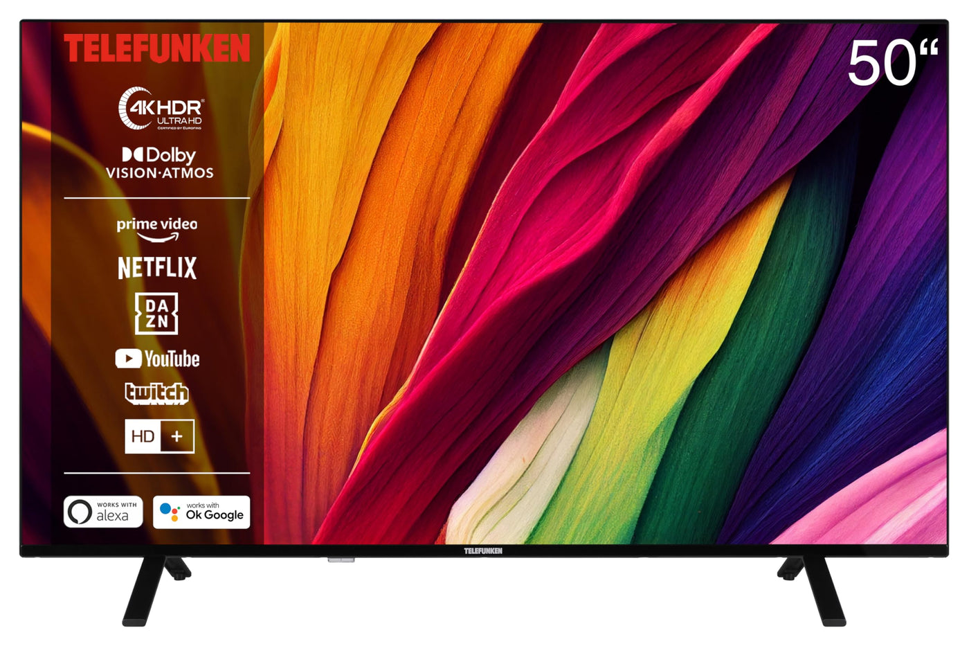 Telefunken 4K Fernseher 50 Zoll Smart TV (UHD, Dolby Vision HDR, Dolby Atmos, HD+ 6 Monate inkl., Triple-Tuner) D50U750R1CW