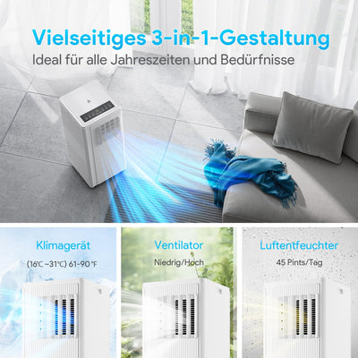 Mobiles Klimagerät, 9000 BTU Klimagerät 2,6kW, Kühlen&Ventilieren&Entfeuchten, Raumgröße bis 85m³(34㎡), Mobile Klimaanlage mit Abluftschlauch mit Nachtmodus/Sperre/Timer/Abluftschlauch