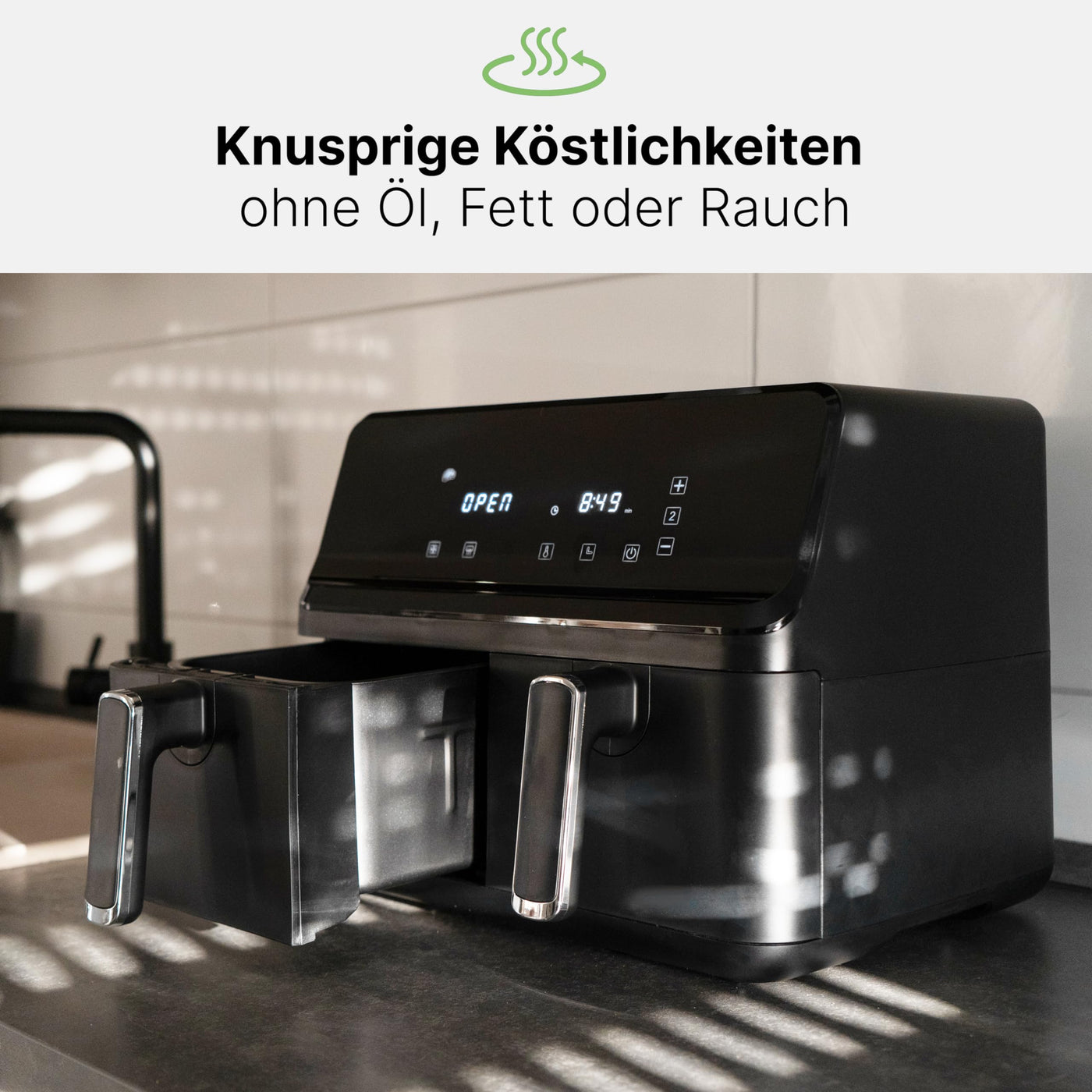 Clatronic® Doppel-Heißluftfritteuse | 8 Liter | XXL Heißluftfritteuse | Doppelkammer | Frittieren mit heißer Luft ohne zusätzliches Öl | 8 Programme | Air Fryer |Touchscreen | 2700 Watt | FR 3804 H